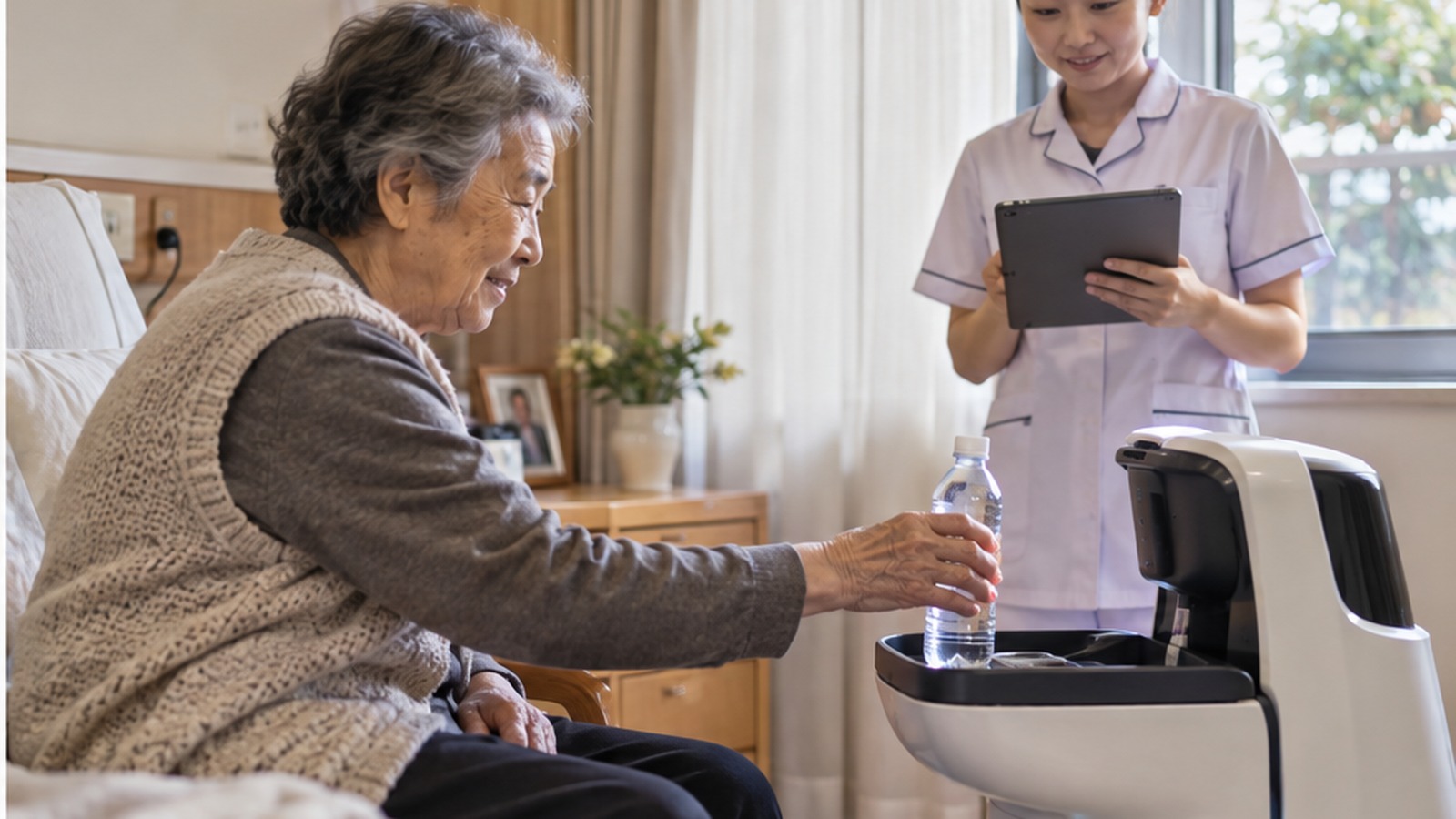 Ältere Frau nimmt eine Wasserflasche von einem Assistenzroboter, während eine Pflegefachfrau ein Tablet hält.