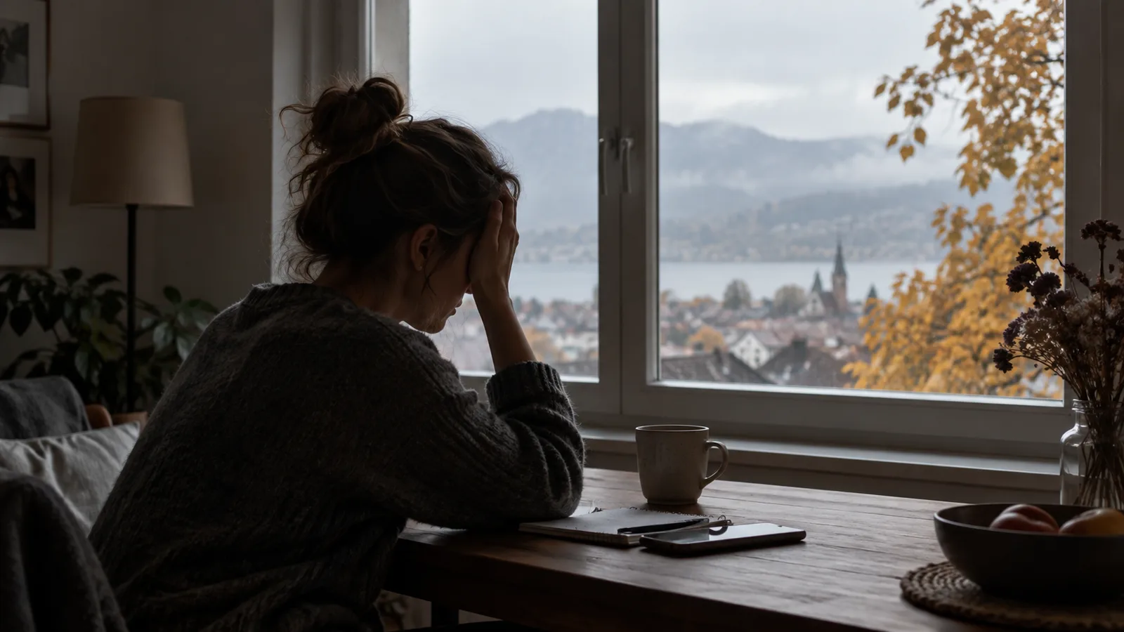 Eine müde Person sitzt an einem dunklen Herbstmorgen vor dem Fenster.