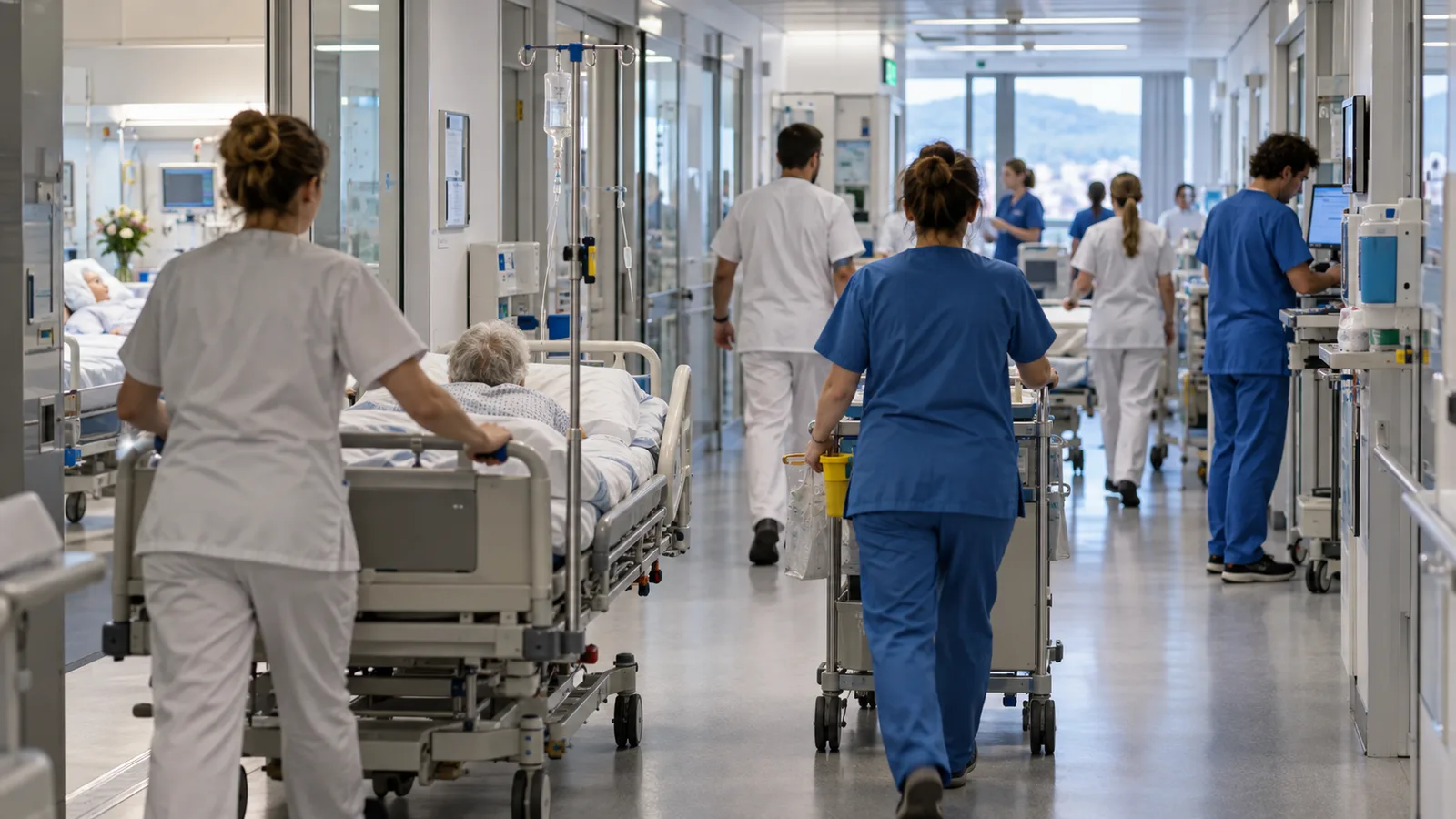 Anonymes Spitalpersonal versorgt Patientinnen und Patienten in einem ausgelasteten Korridor.