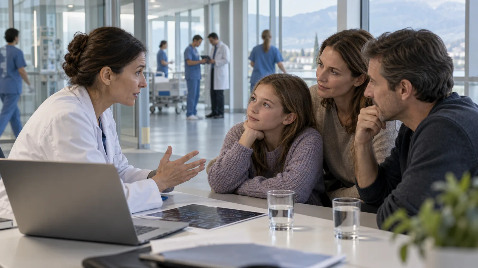 Eine Familie bespricht sich in einem Schweizer Spital mit einer Fachärztin.