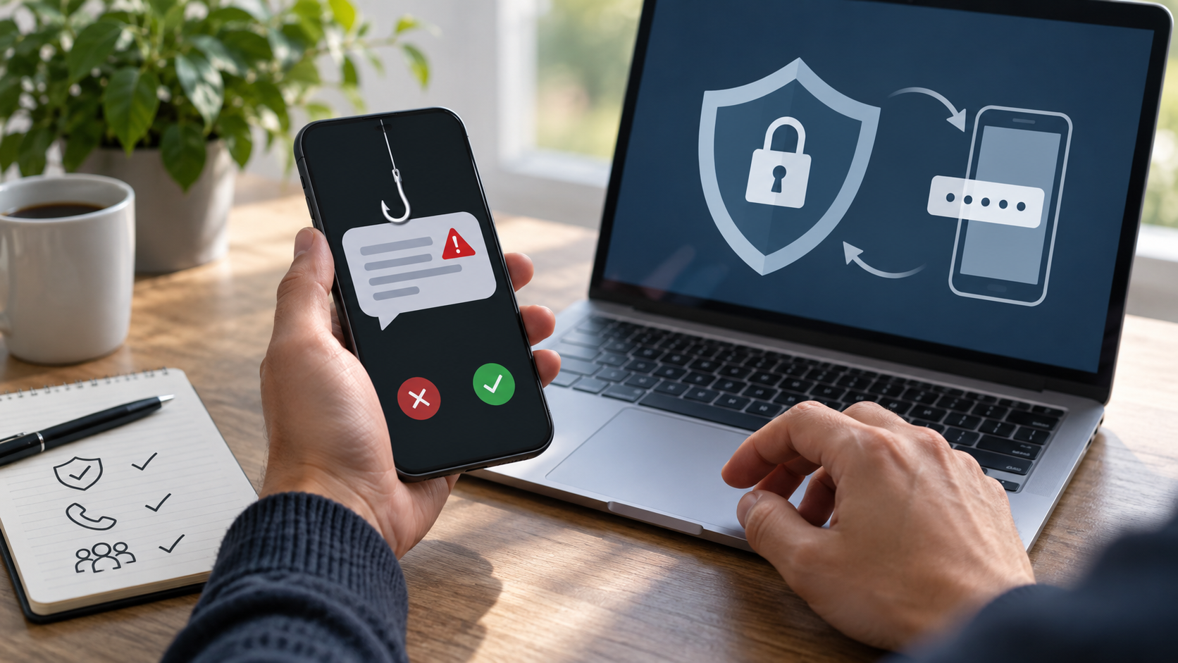 Eine Person prüft eine verdächtige Nachricht auf dem Smartphone; ein Laptop zeigt Symbole für Kontoschutz und Zwei-Faktor-Authentifizierung.