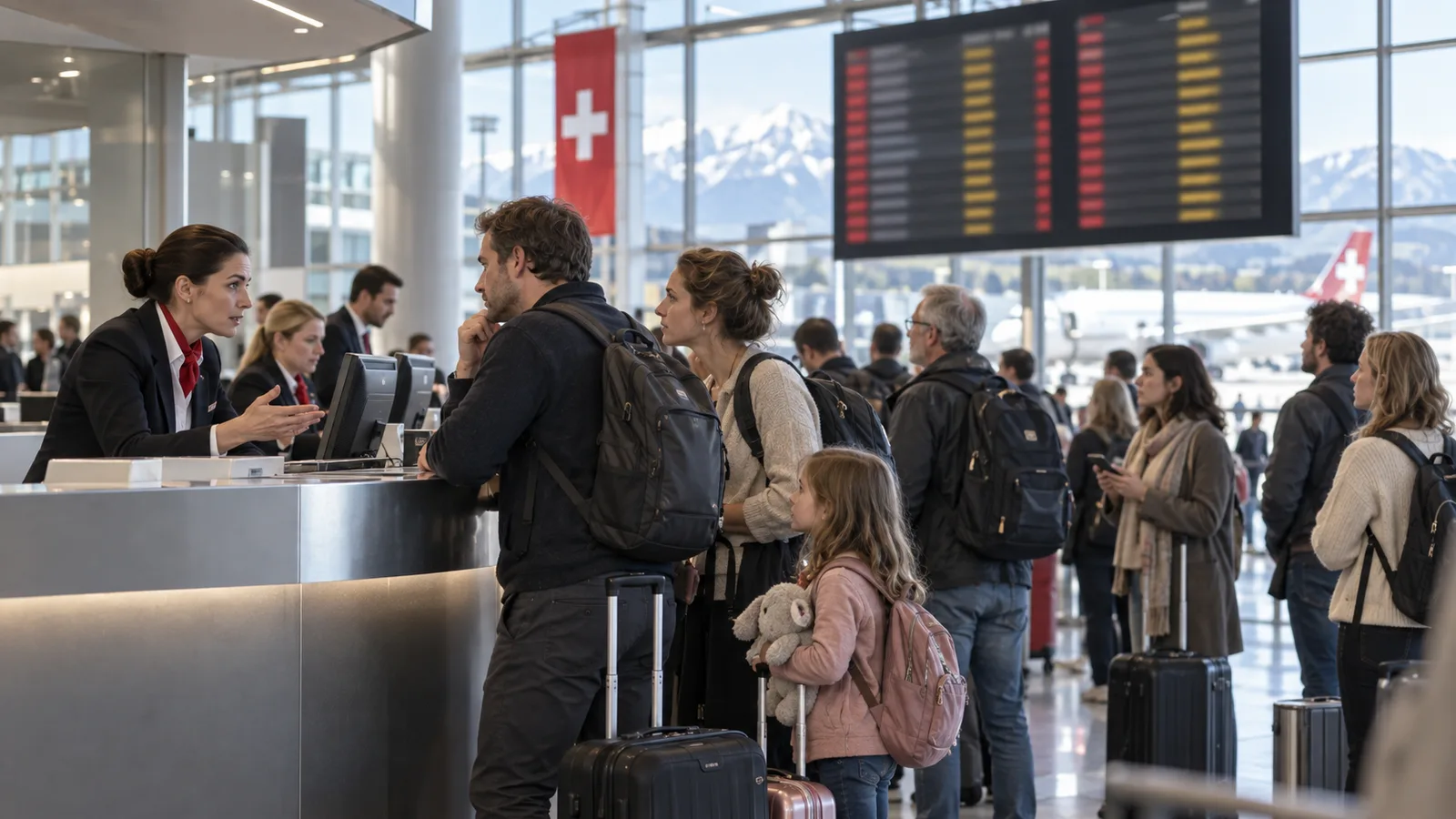 Reisende sprechen während einer Flugverspätung mit Mitarbeitenden an einem Flughafenschalter.