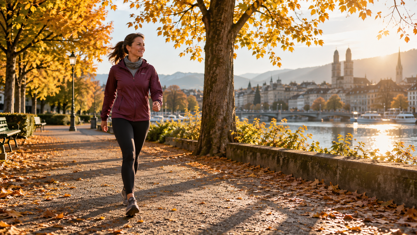 Eine Frau geht im morgendlichen Herbstlicht an einem Schweizer Fluss spazieren.