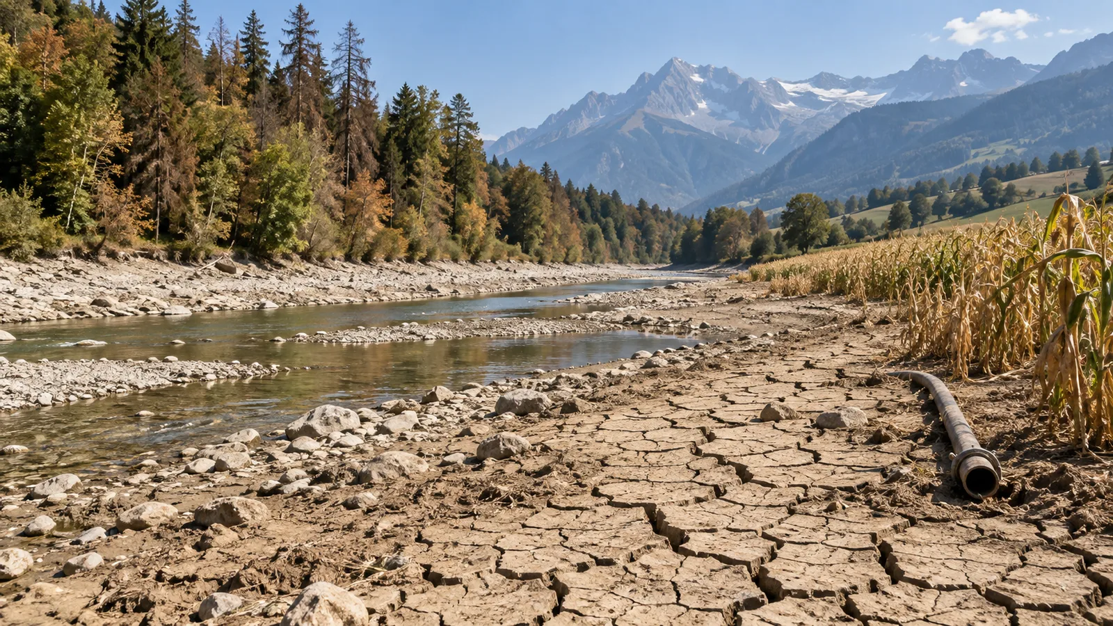 Ausgetrockneter Schweizer Flusslauf neben Feldern und Alpen während eines heissen Sommers.
