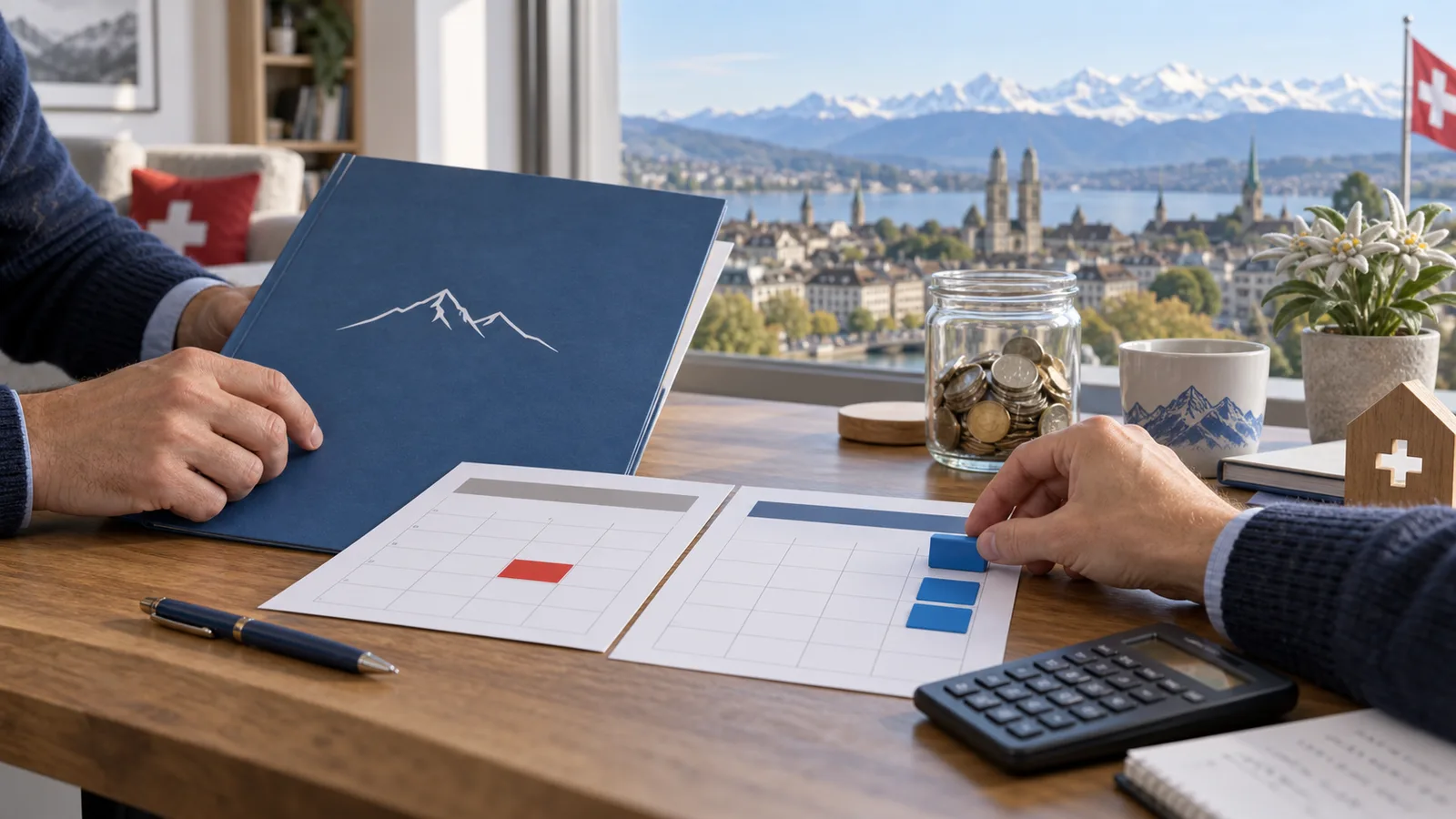Eine Person plant an einem Schweizer Küchentisch Vorsorgebeiträge mit Kalender, Sparglas und Taschenrechner.