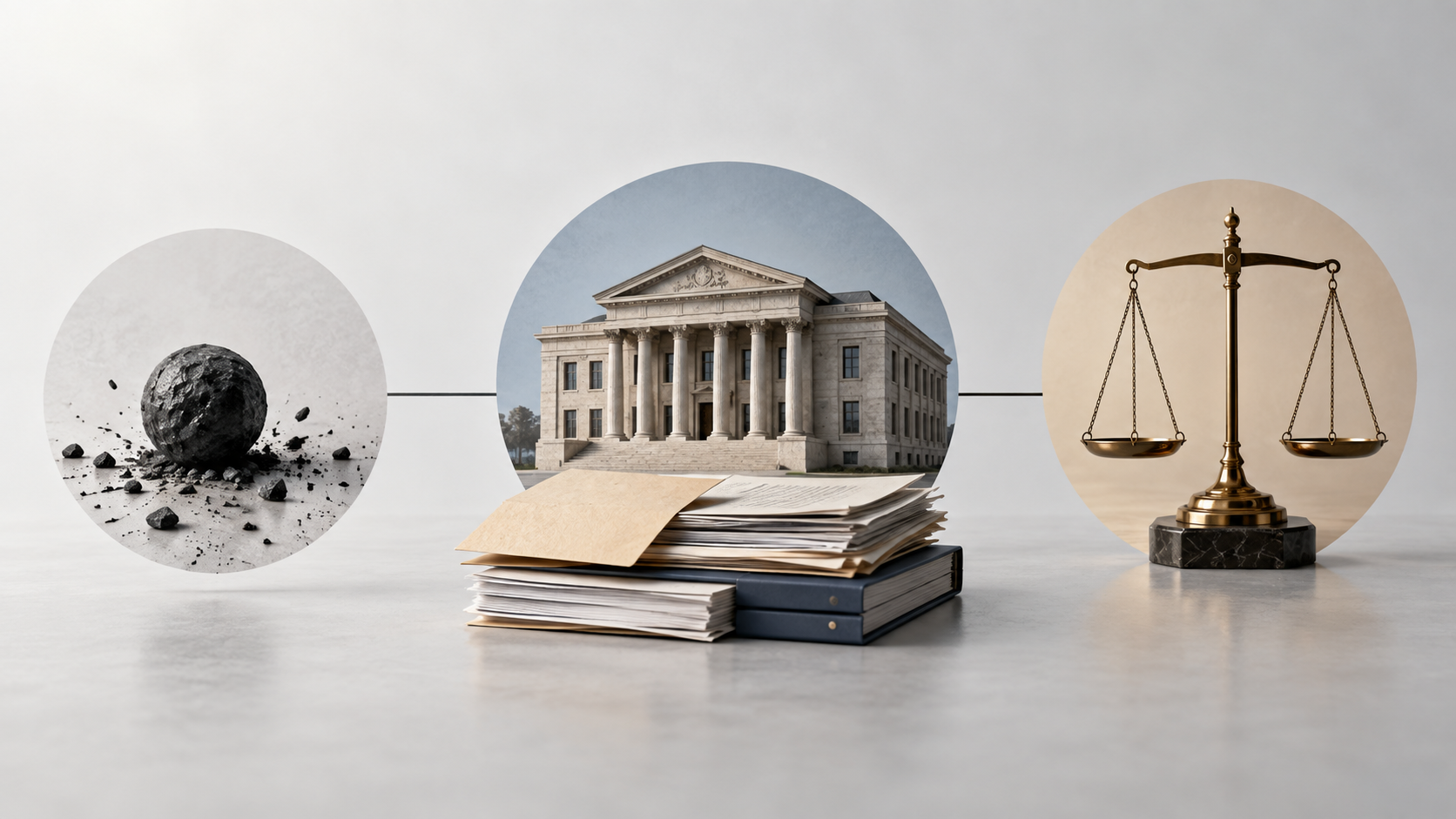 Abstrakte Darstellung mit drei getrennten Ebenen für Tat, institutionelles Versagen und politische Verantwortung.
