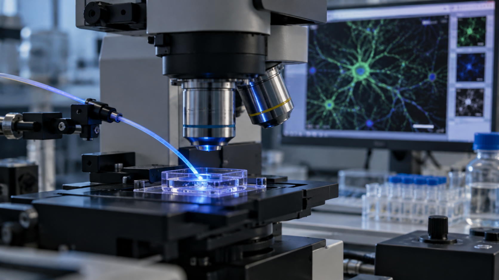 Wissenschaftliche Illustration eines neuronalen Netzwerks mit einem präzisen blauen Lichtimpuls an einer Zellmembran.