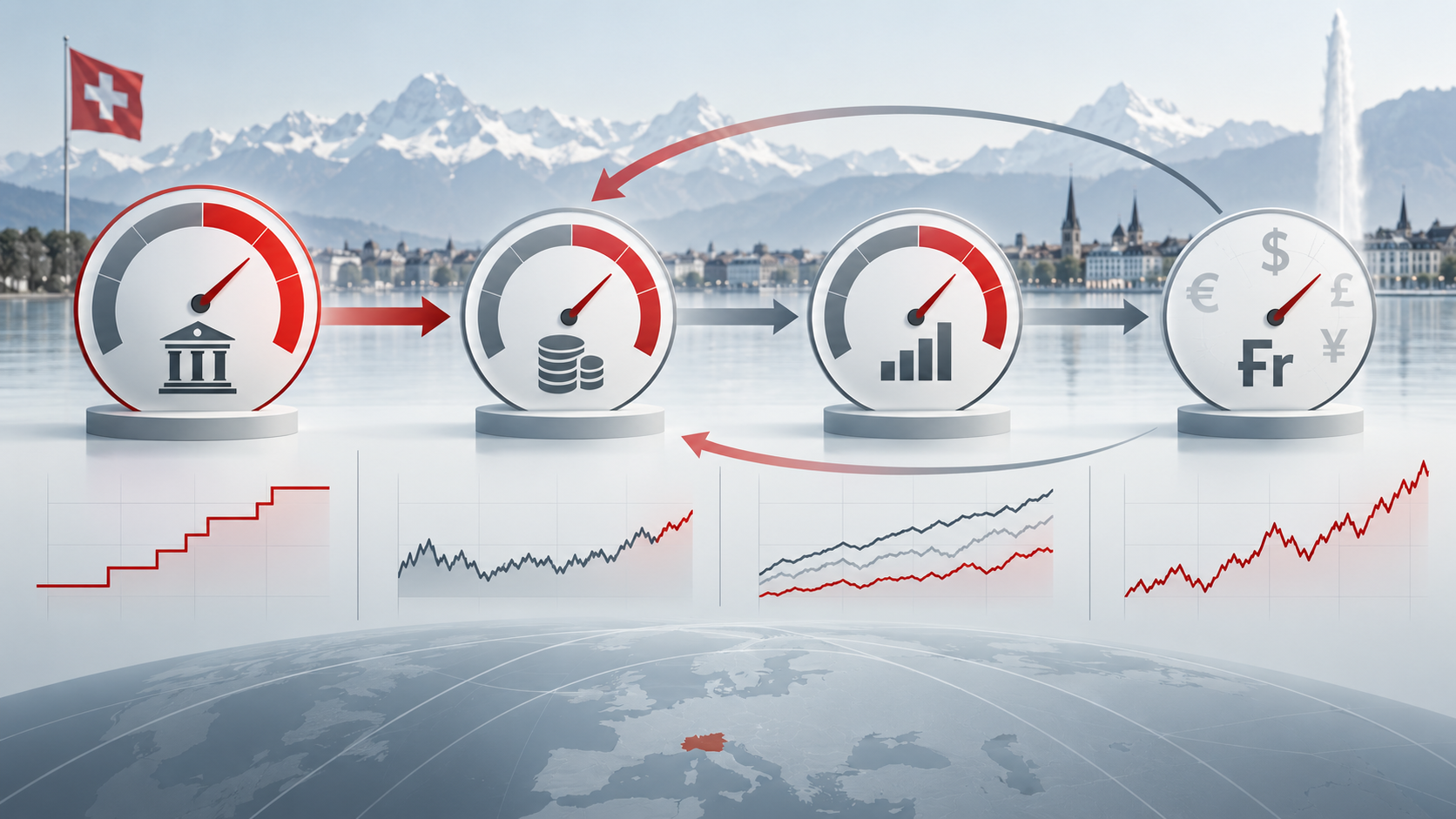 Analyse-Grafik verbindet Leitzins, Geldmarkt, Anleihen und Wechselkurse.