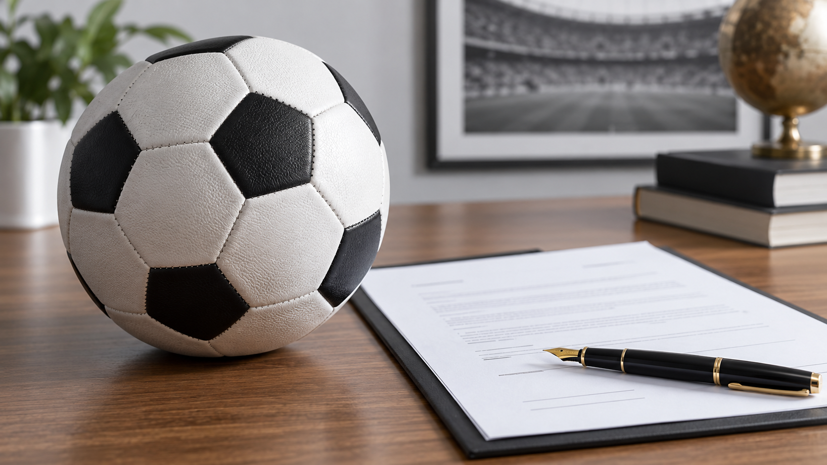 Fussball, Vertragsdokument und Füllfederhalter auf einem Schreibtisch.