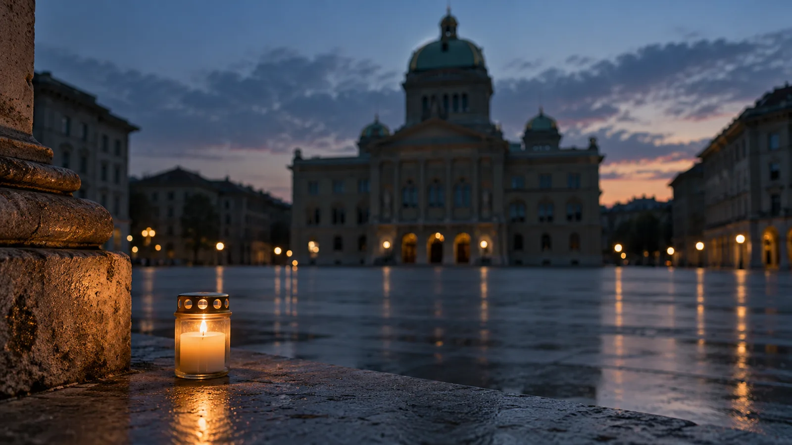 Gedenkkerze vor einem neutralen Regierungsgebäude bei Abenddämmerung als Symbolbild für politische Aufarbeitung.