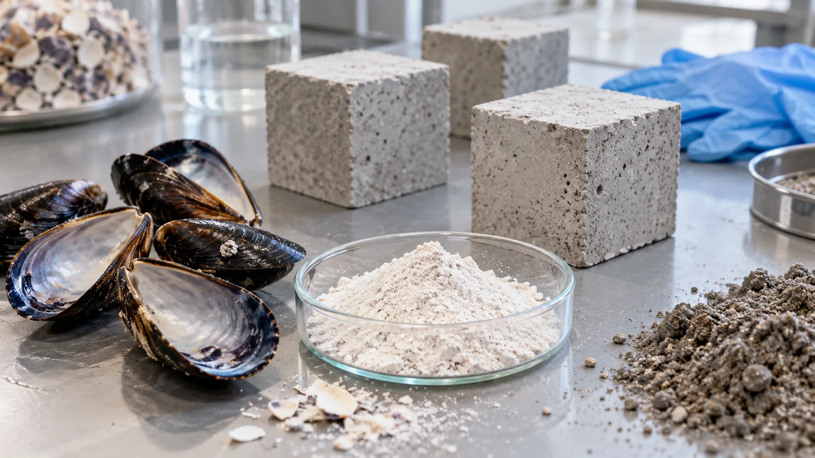 Muschelschalen, Schalenpulver und Betonwürfel im Labor als Symbolbild für Baustoffforschung