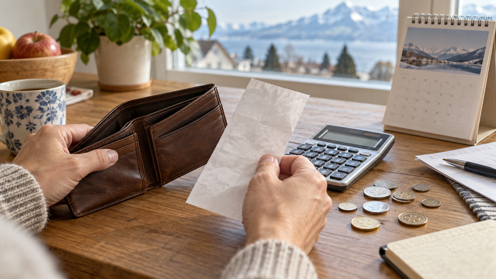 Kalenderblatt für Dezember neben Schweizer Münzen, Portemonnaie und einer neutralen Quittung.