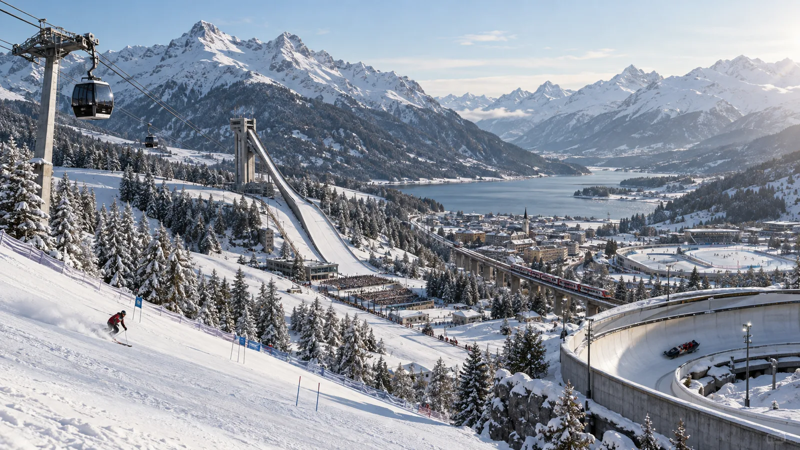 Wintersportanlagen und Bahninfrastruktur in einer Schweizer Alpenlandschaft.