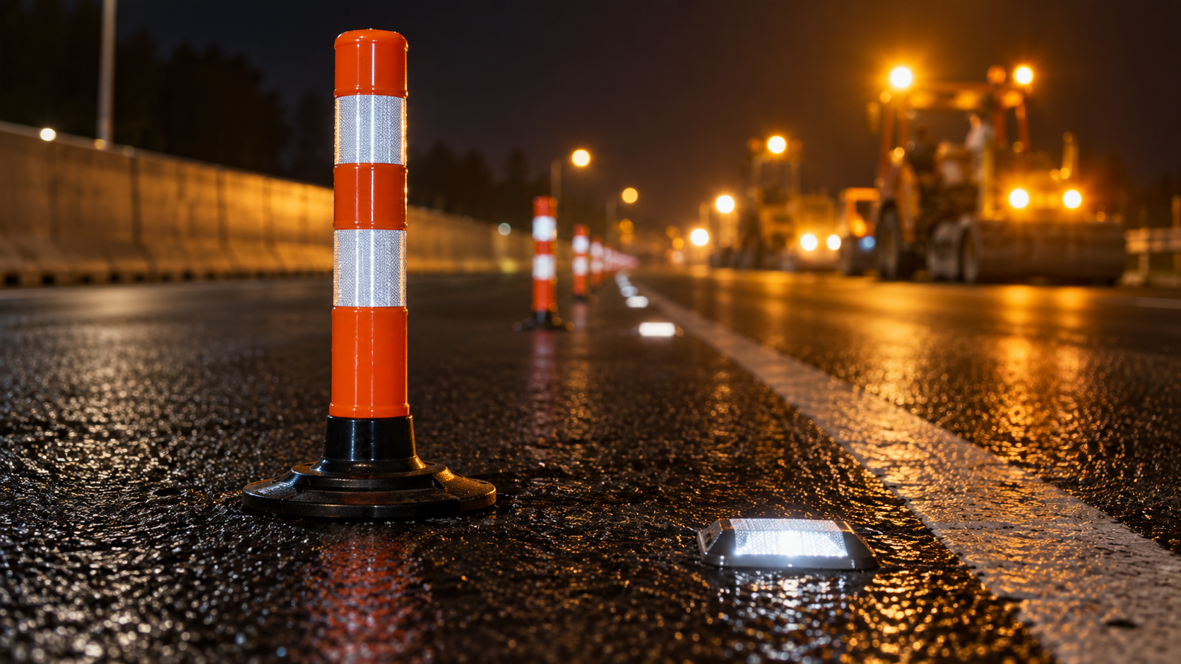 Reflektierende Leitbaken an einer nächtlichen Autobahnbaustelle.