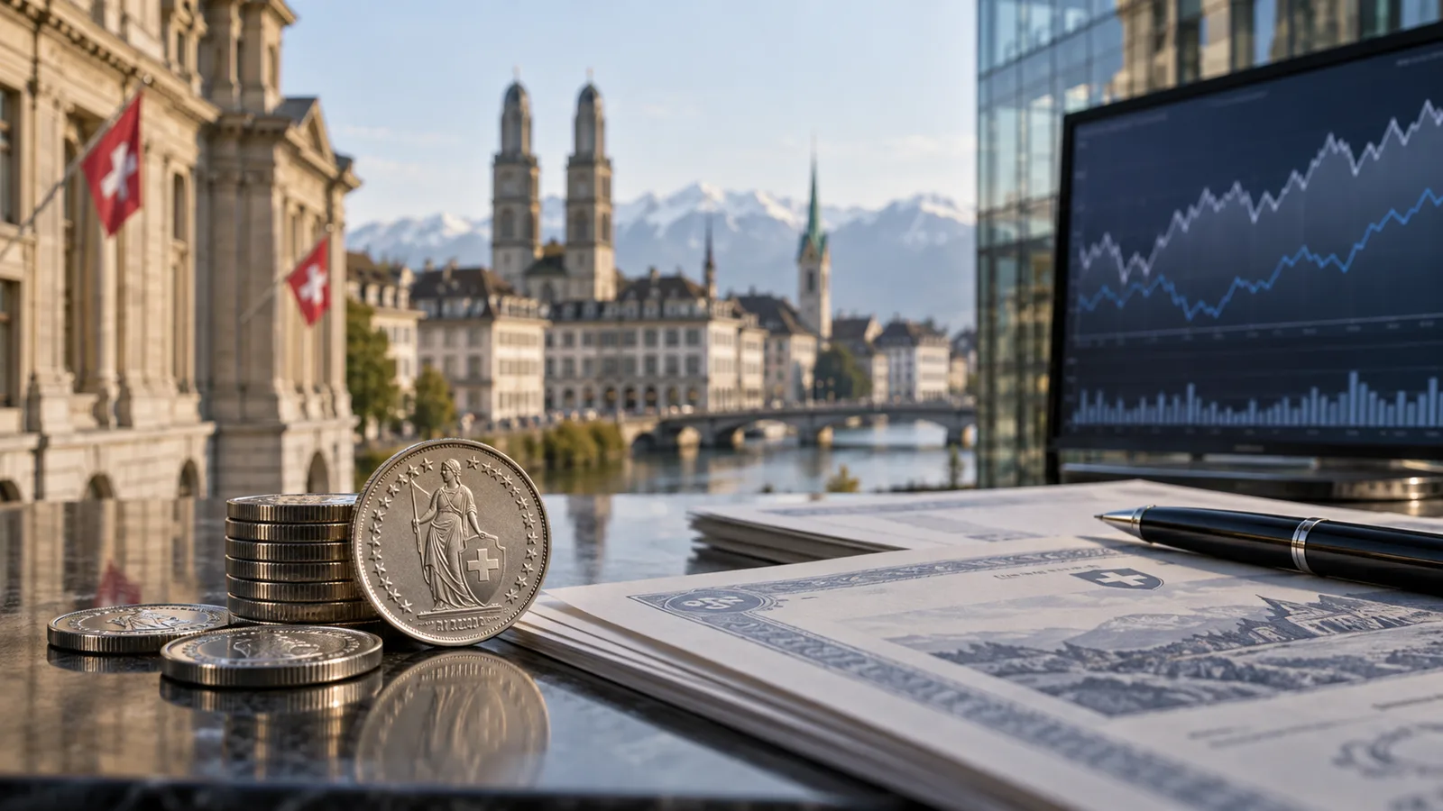 Schweizer Franken, Finanzunterlagen und abstrakte Marktkurven vor Zürcher Stadtkulisse.