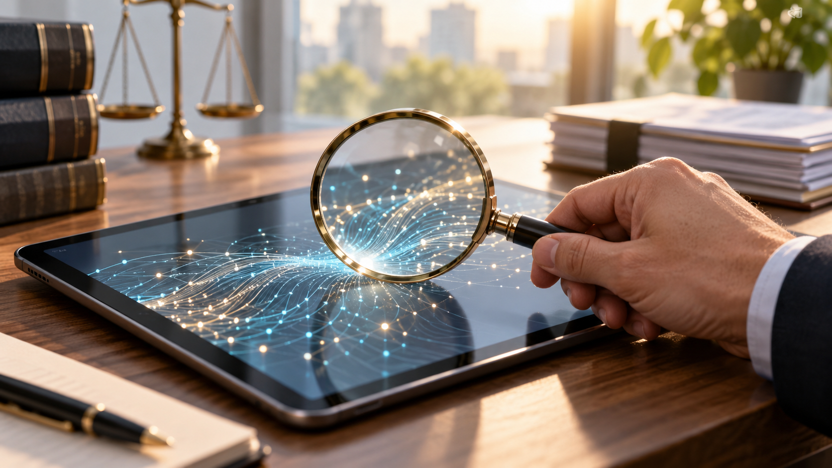 Hand mit Lupe über einem Tablet mit vernetzten Datenpunkten, daneben Gesetzbücher und Waage.