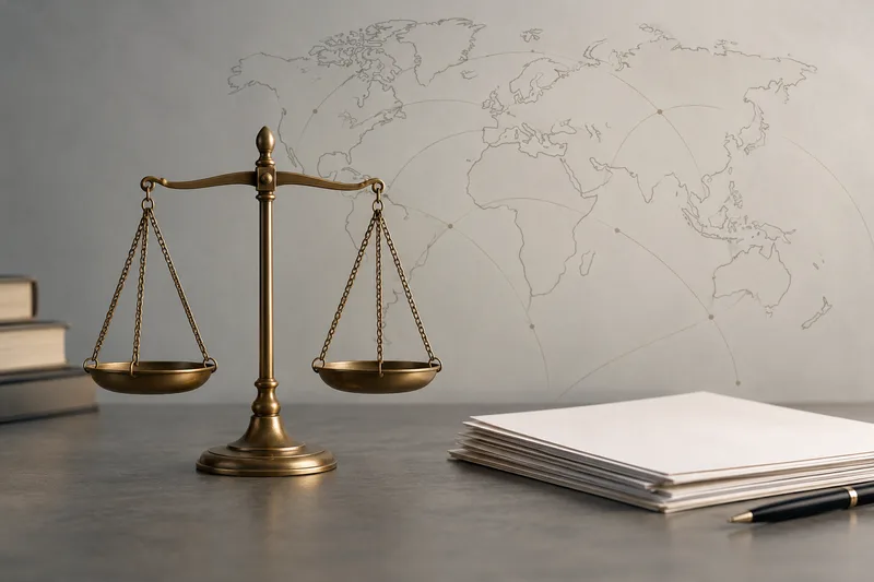 Waage der Justiz vor einer abstrakten Weltkarte und unbeschrifteten Rechtsdokumenten.