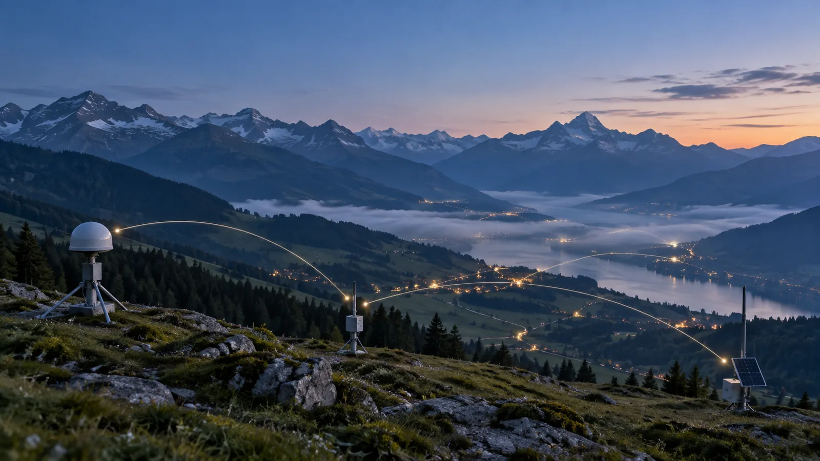 Abstraktes Symbolbild für vernetzte Verteidigungstechnologie und sichere Lieferketten in der Schweiz.