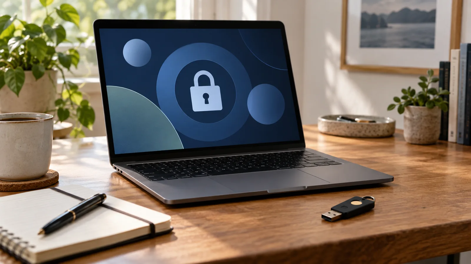 Laptop mit Schlosssymbol und Sicherheitsschlüssel als Symbolbild für Schutz vor Schadsoftware