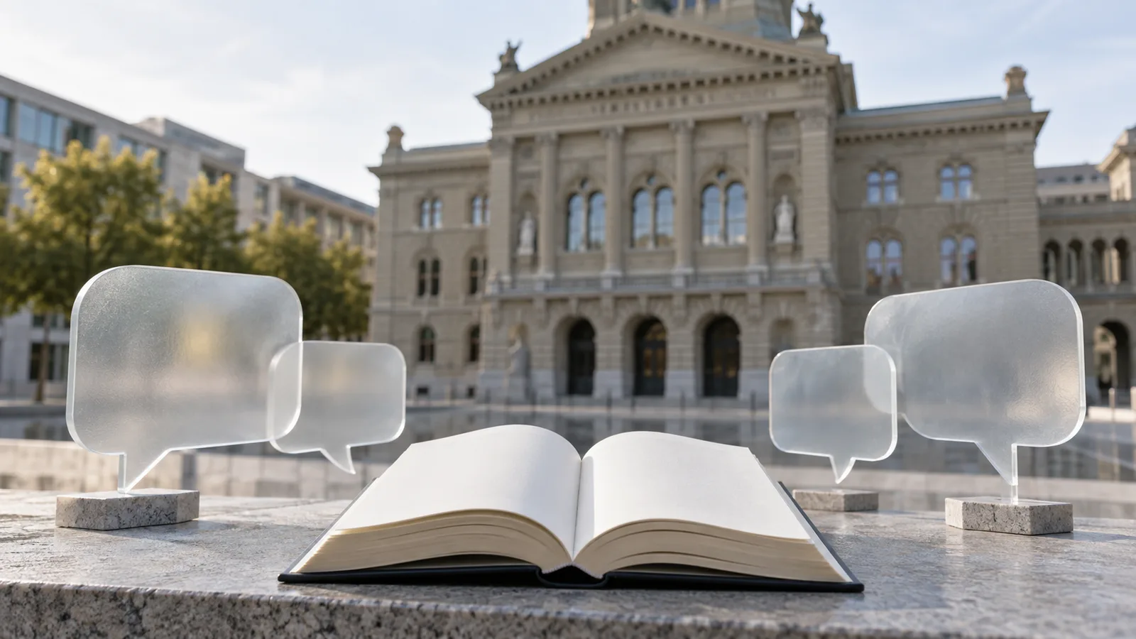 Leere Sprechblasen und ein offenes Gesetzbuch vor einem neutralen Parlamentsgebäude als Symbol für pluralistische politische Debatten.