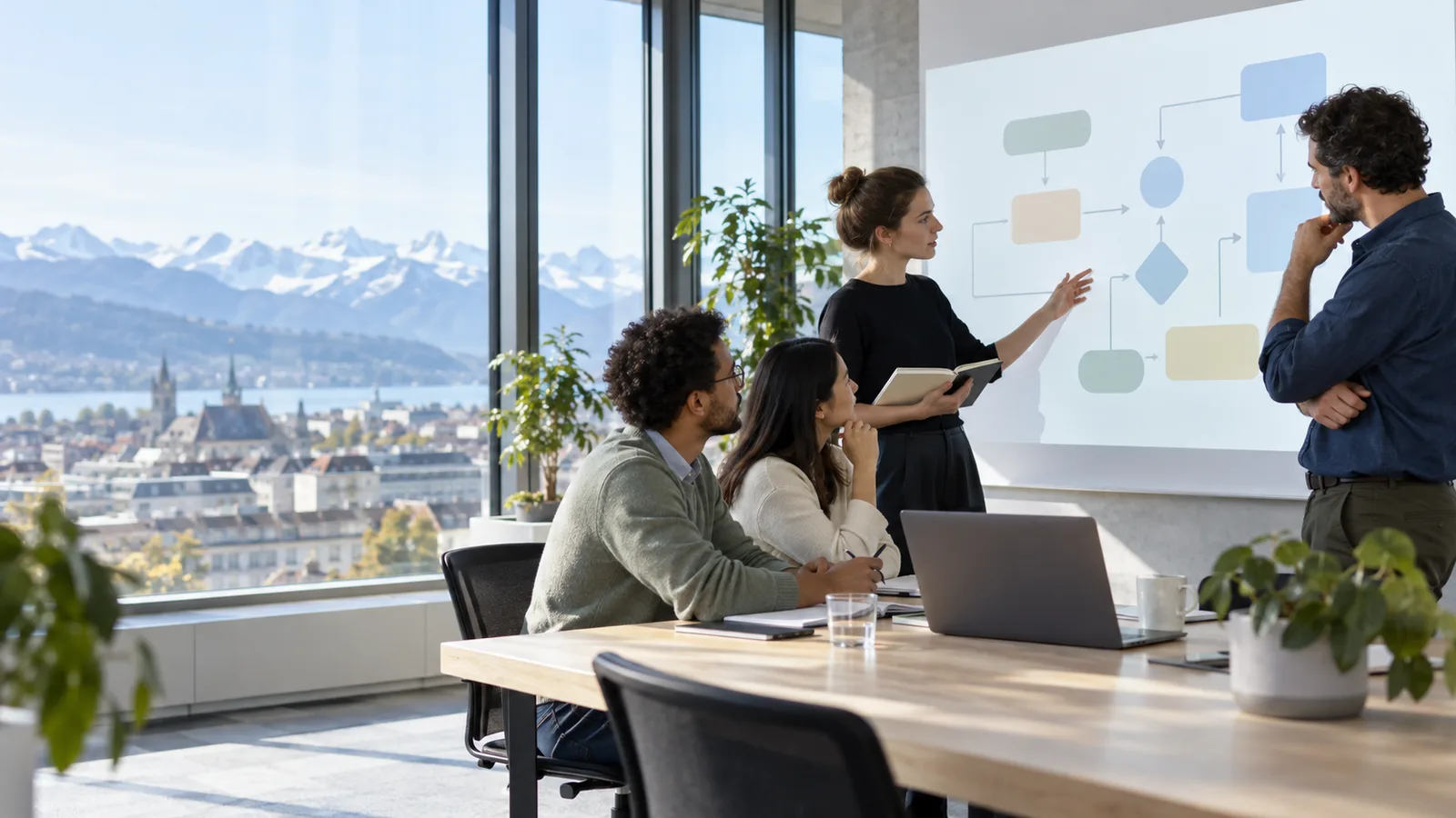 Symbolbild: Ein Team bespricht in einem Büro einen digitalen Arbeitsablauf.