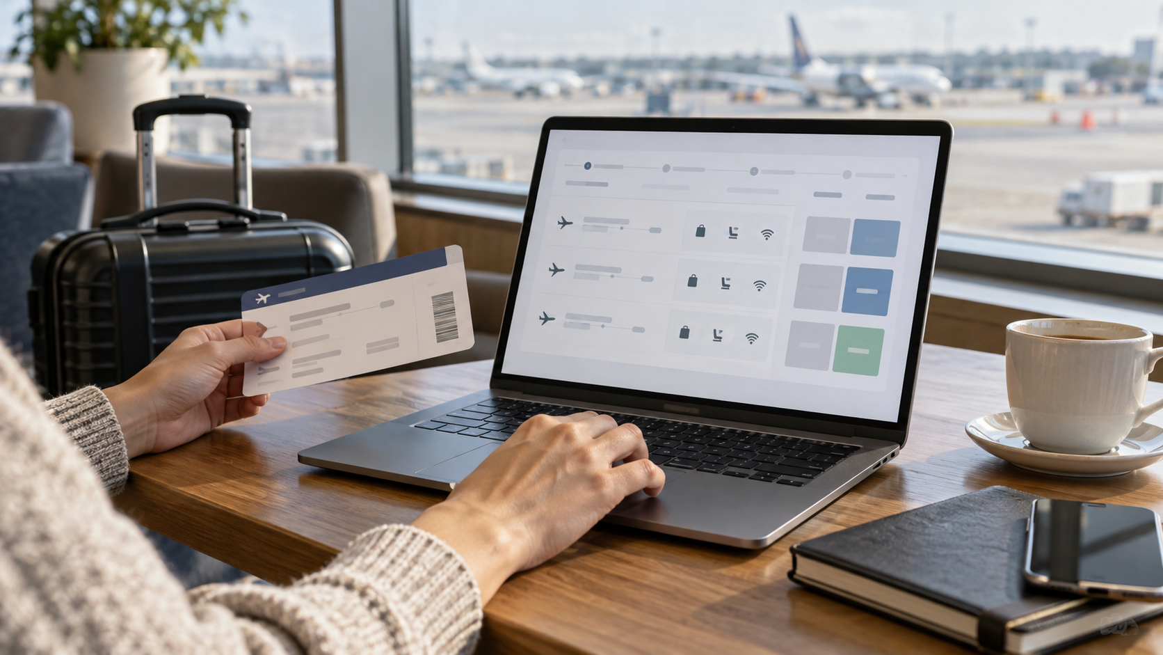 Laptop mit neutraler Flugpreis-Aufschlüsselung, Boardingpass ohne persönliche Daten und Flughafen im Hintergrund.