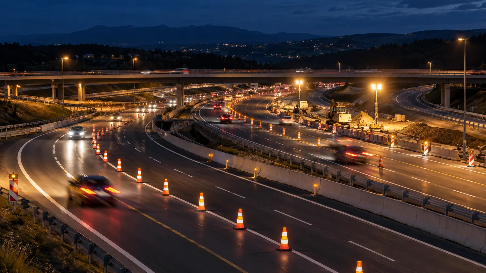 Symbolbild einer nächtlichen Verkehrsführung an einer Autobahnbaustelle.