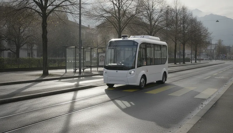 Führerloses Shuttle ohne Lenkrad auf bewilligter Strecke in der Schweiz, daneben Fussgängerstreifen