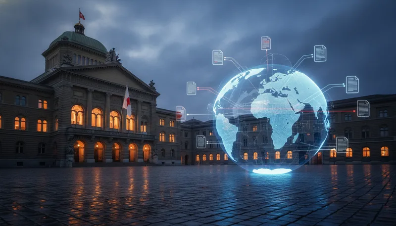 Bundeshaus in Bern mit Schweizer Fahne am Bundesplatz, Symbolbild zur Vernehmlassung zum Digitalhandels-Abkommen.