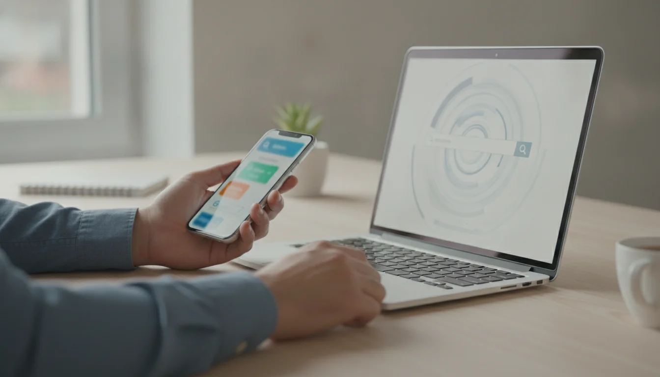 Hände prüfen auf einem Laptop die Herkunft eines Videos, daneben Smartphone mit offener Suchmaske