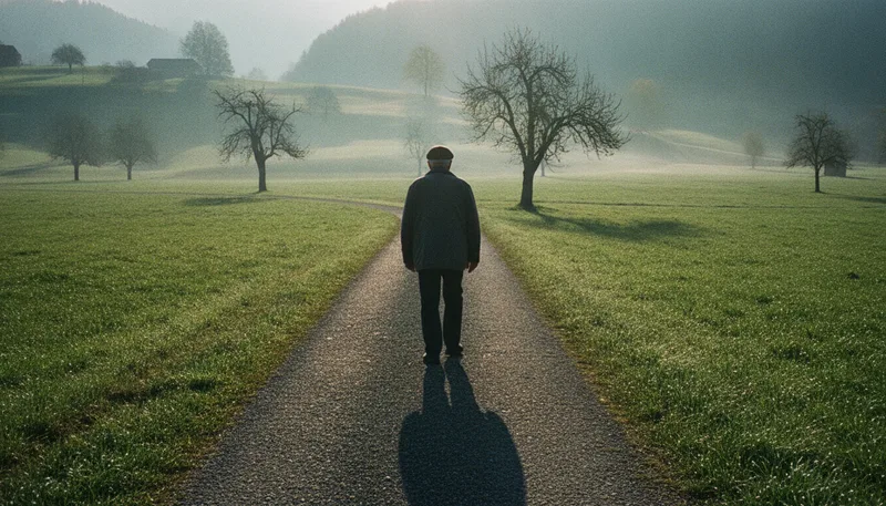 Älterer Mann auf einem Weg als KI-generiertes Symbolbild für Lebenserwartung und gesundes Altern