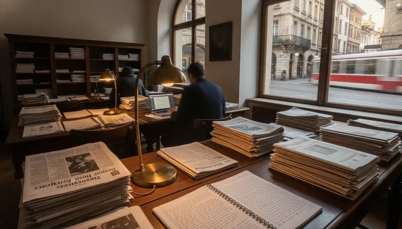 Redaktionsraum mit arbeitenden Journalistinnen und Journalisten sowie Zeitungen auf dem Tisch