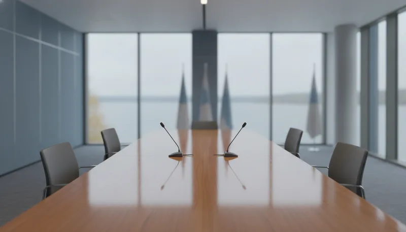 Konferenzraum mit Flaggen der Schweiz und der OSZE, Schauplatz der Vermittlungsdiplomatie im Südkaukasus