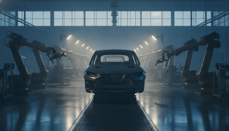 Fahrzeuge an einem Montageband als KI-generiertes Symbolbild für Automobilproduktion