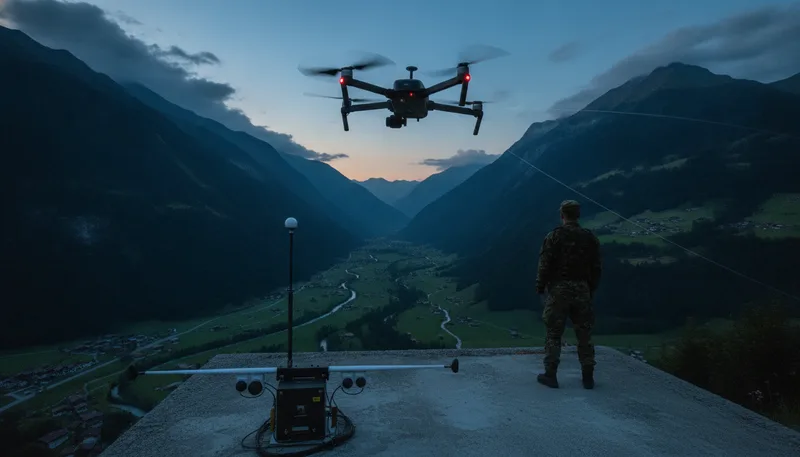 Kleine Drohne über Landschaft mit Radar- und Sensortechnik der Schweizer Drohnenabwehr in der Dämmerung