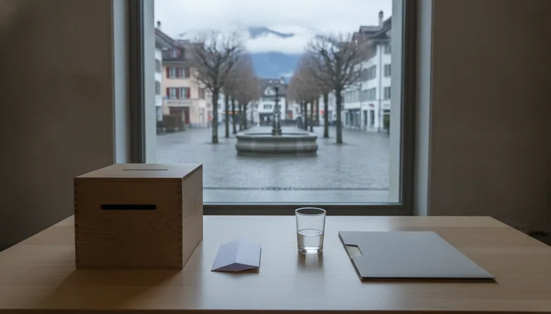 Stimmzettel und Urne auf einem Tisch vor einem Schweizer Gemeindehaus, Symbol für die AHV-Abstimmung