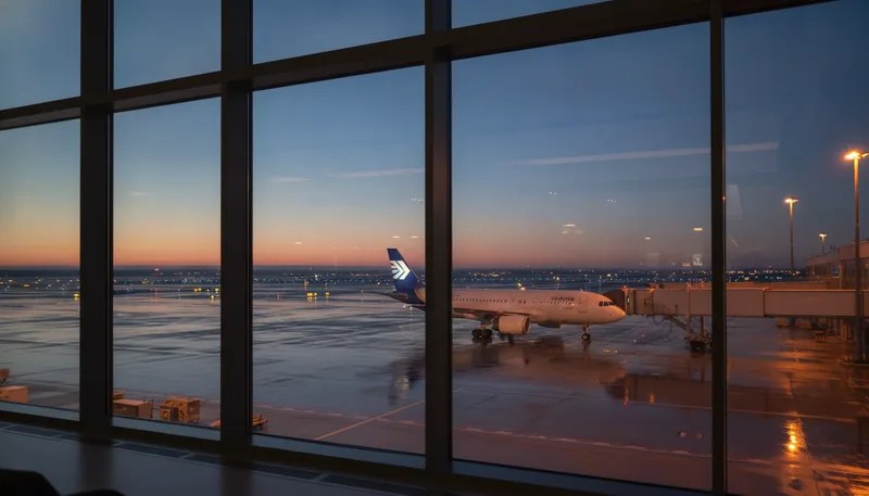 Lufthansa-Flugzeug am Gate eines Schweizer Flughafens in der Abenddämmerung
