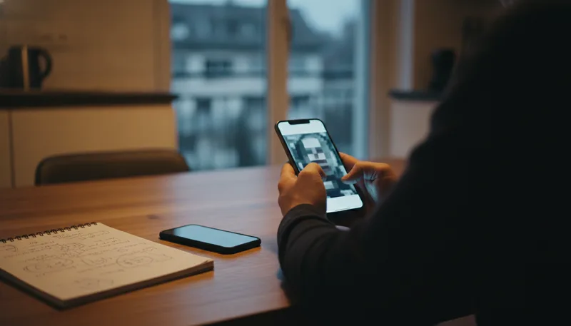 Person prüft am Smartphone ein Video mit unscharfem Gesicht – Symbol für Quellenprüfung und Medienkompetenz.