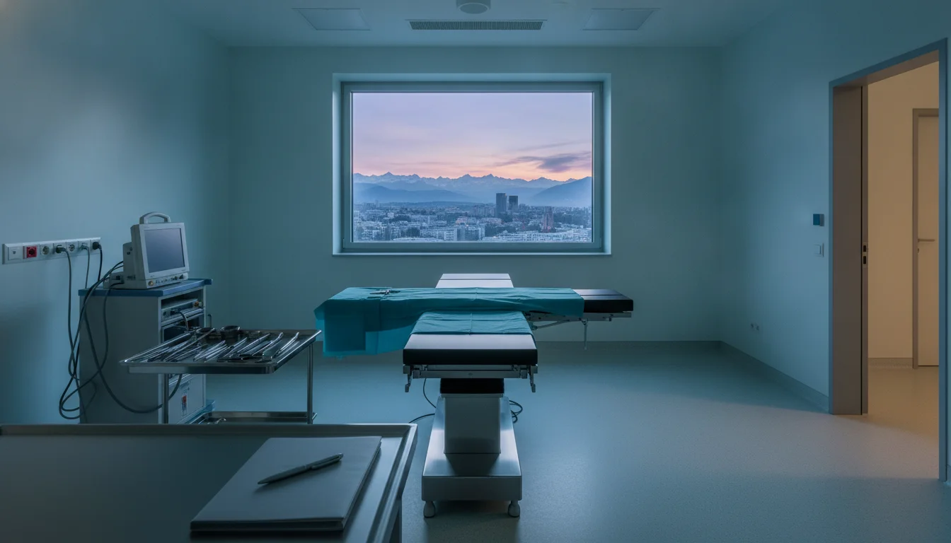 Leerer Operationssaal in einem Schweizer Spital mit sterilen Instrumenten und Dokumentationsmappe