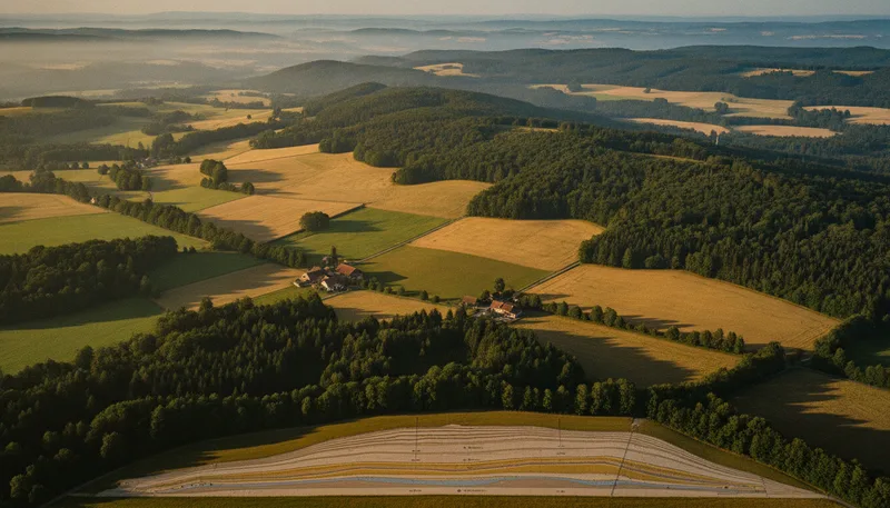Symbolische Landschaft über geschichteten Gesteinsschichten als Hinweis auf das Tiefenlagerverfahren bei Nördlich Lägern