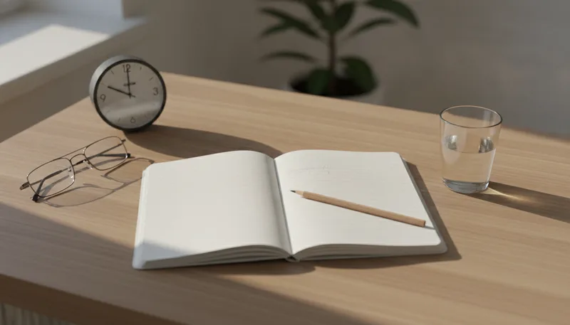 Offenes Notizbuch mit kurzer To-do-Liste und Stift auf einem aufgeräumten Holzschreibtisch