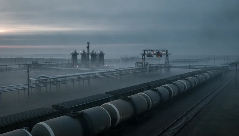 Dieselterminal mit Kesselwagen bei Dämmerung – Symbolbild für russische Energieexporte und Sanktionen