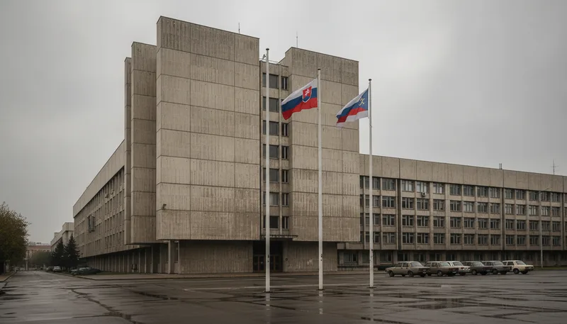 Gebäude in Bratislava mit slowakischer und russischer Fahne, Symbolbild zur Debatte um Militärattachés