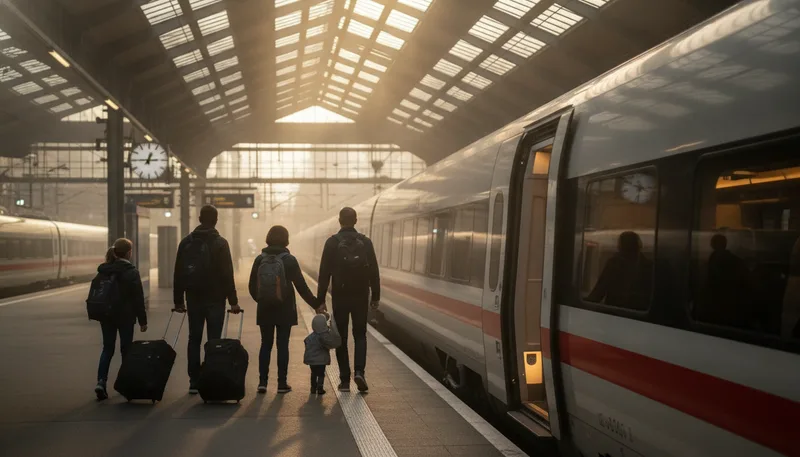 ICE der Deutschen Bahn am Bahnsteig, Reisende mit Gepäck steigen ein