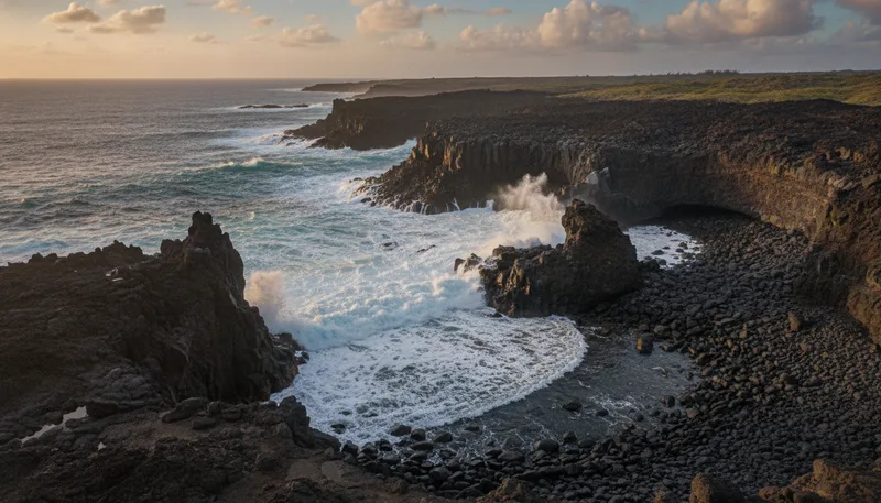 Vulkanische Steilklippen mit Brandung an der Küste des Hawaiʻi Volcanoes National Park