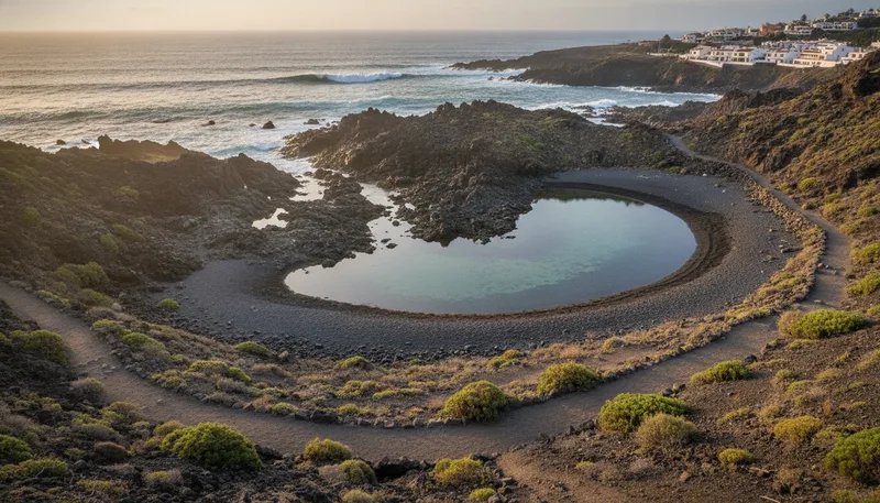 Atlantikküste bei Bajamar auf Teneriffa mit Wellenbecken und Felsen, Gemeinde La Laguna