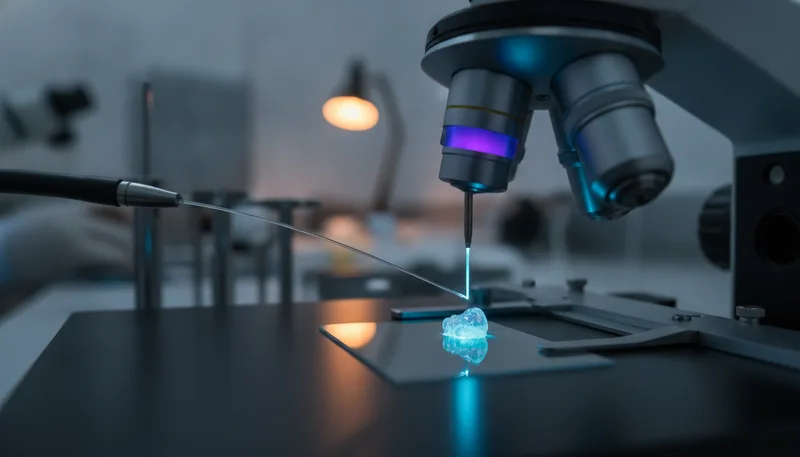 Mikroskop und Glasfaserleiter mit blauem Licht an einer Gewebeprobe als Symbolbild für Optogenetik
